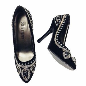 COLIN STUART GEOMETRIC JEWELED SUEDE HEELS